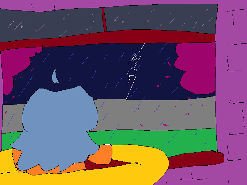 Juniper looking out a window on a rainy night